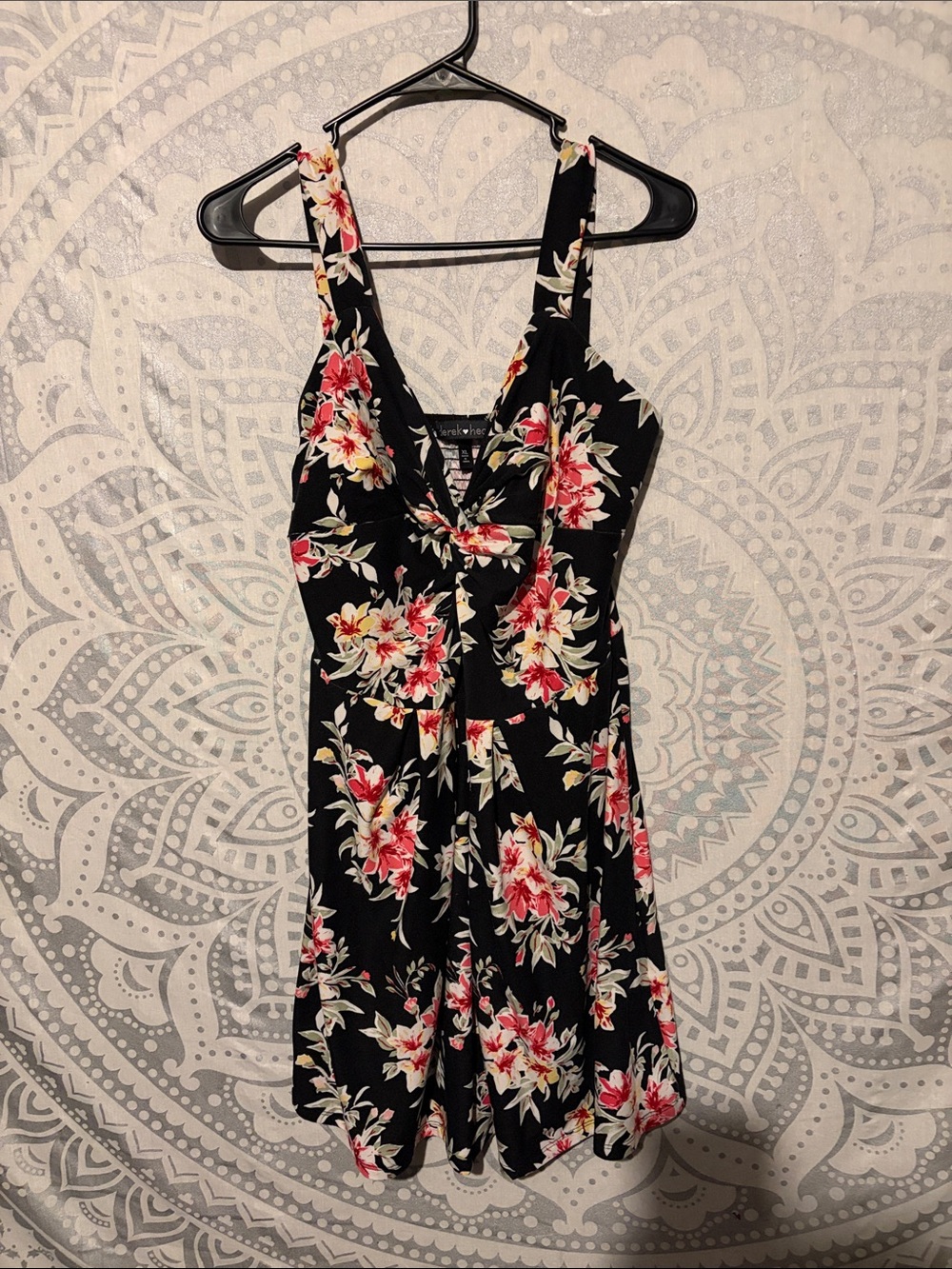 Derek Heart Floral Twist Front Sleeveless Dress XL Smocked Back Black Pink